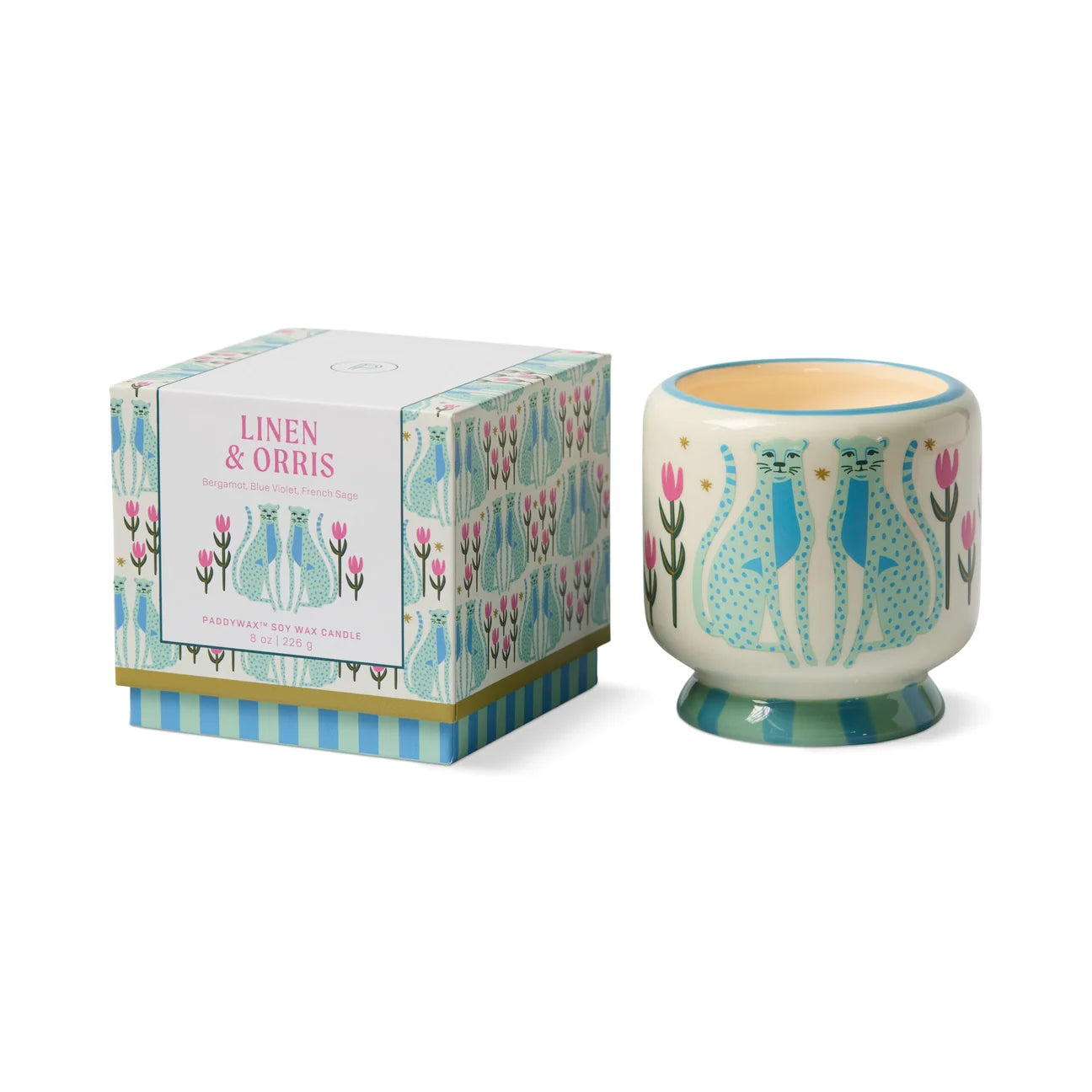 A Dopo Blue Cheetahs Ceramic Candle Linen & Orris