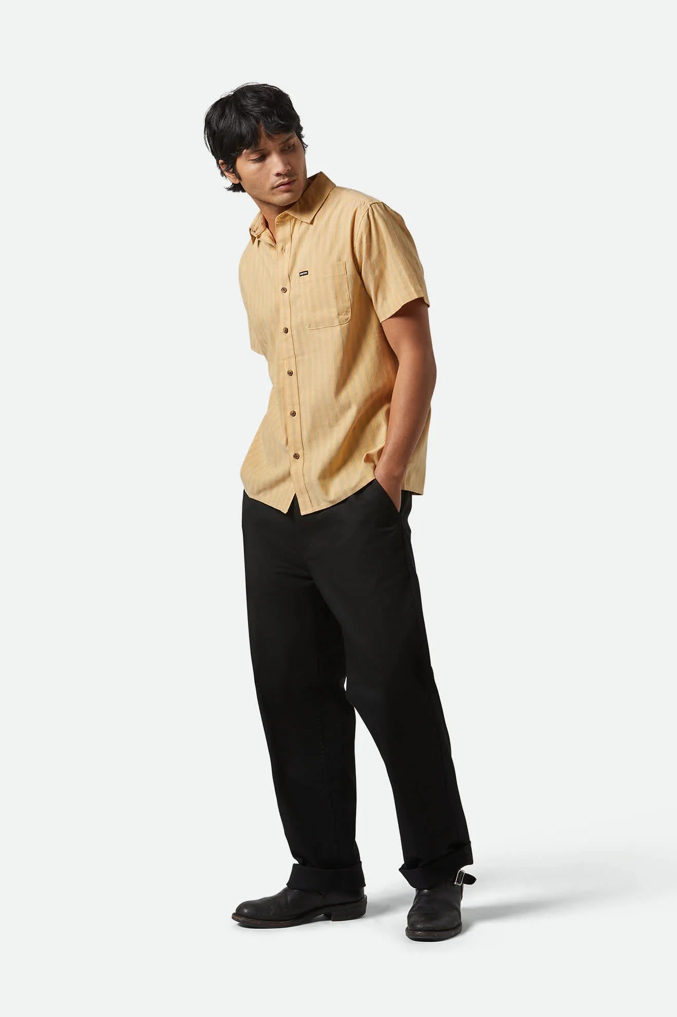 Brixton Cru Oxford Stripe S/S Shirt Curry/Ivy Green Stripe