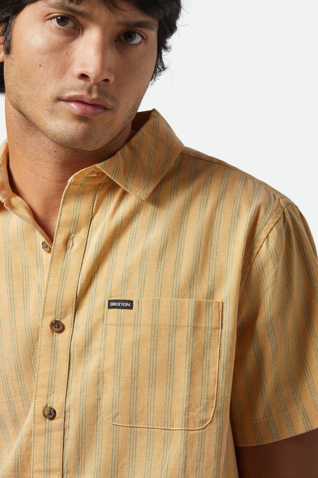 Brixton Cru Oxford Stripe S/S Shirt Curry/Ivy Green Stripe
