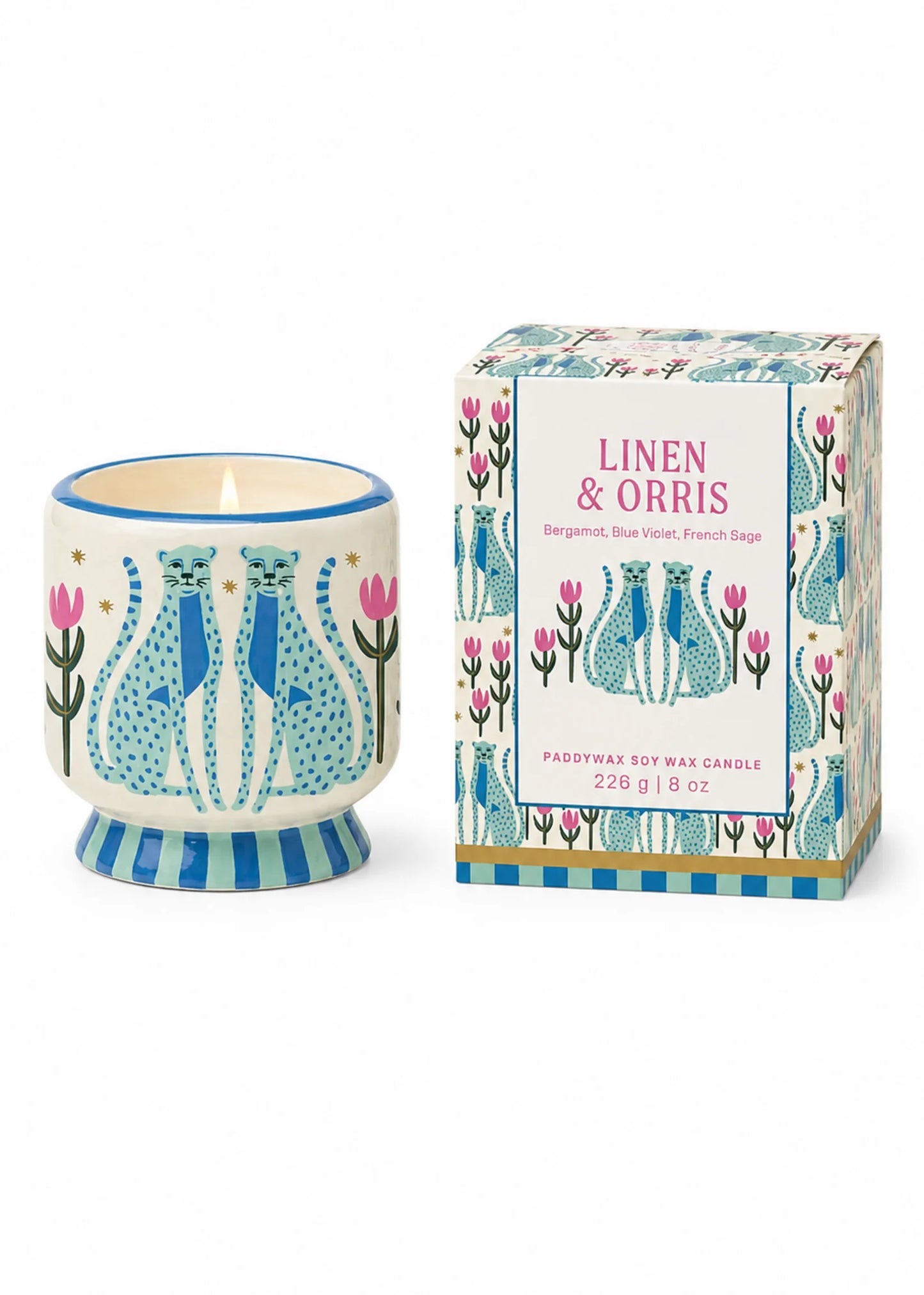 A Dopo Blue Cheetahs Ceramic Candle Linen & Orris