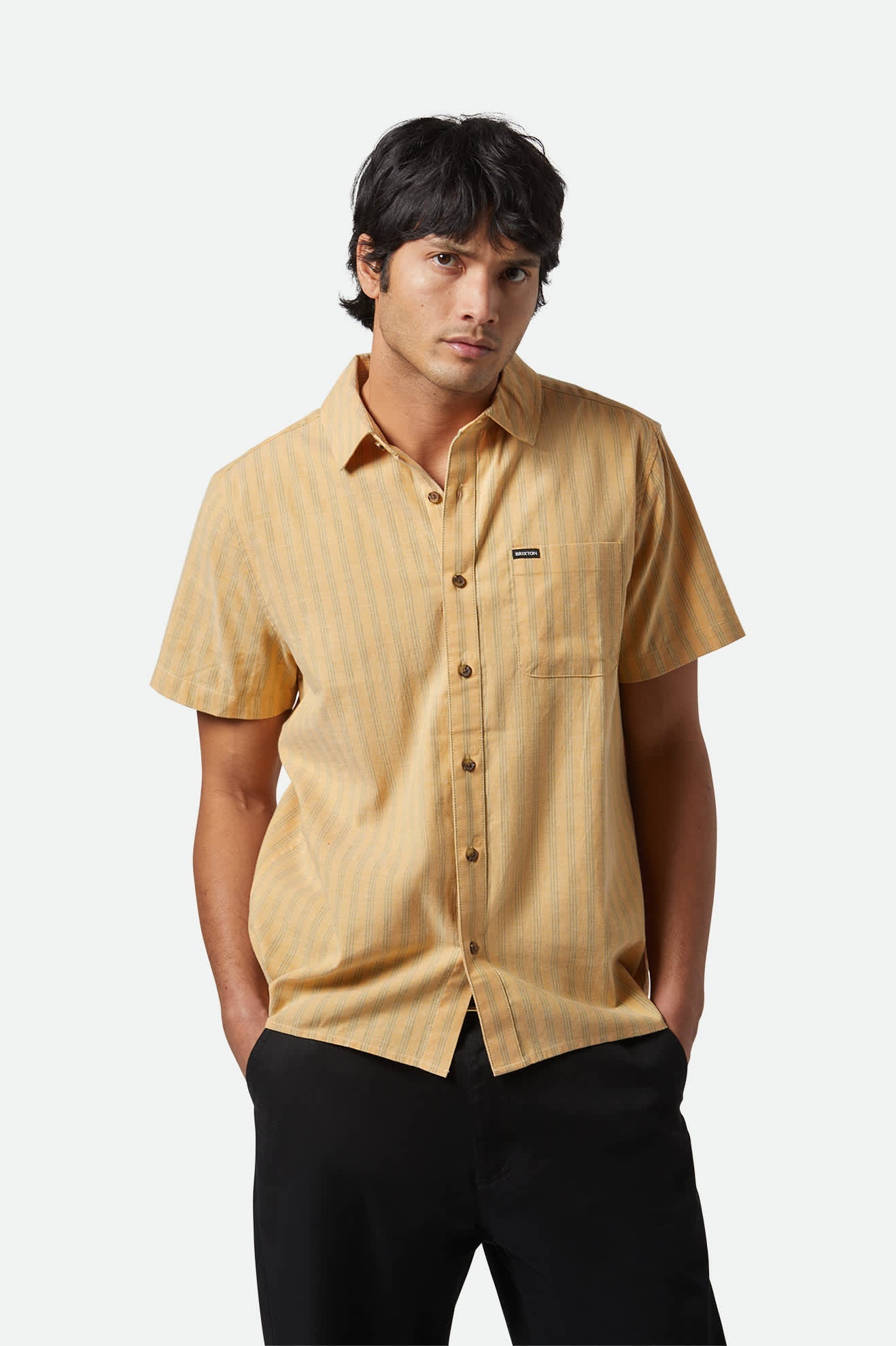 Brixton Cru Oxford Stripe S/S Shirt Curry/Ivy Green Stripe